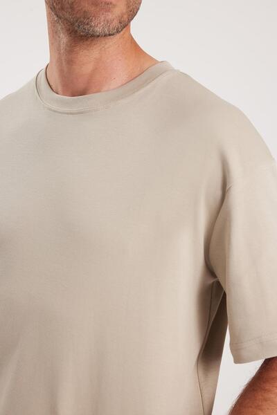 Tudors Μπλουζάκι Unisex Oversize Wide Cut 100% βαμβακερό μαλακό με υφή Basic Crew Neck Stone T-shirt