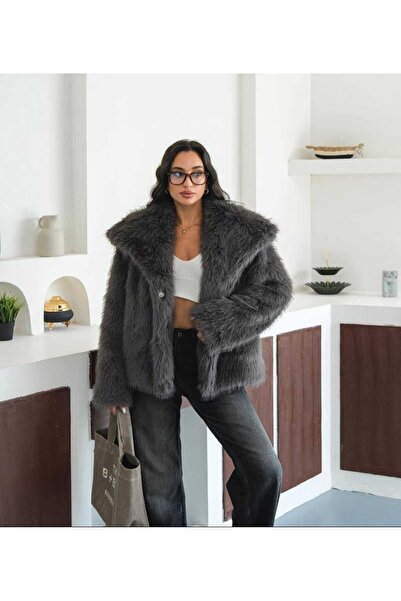 olalapasha New Season Shawl Collar Premium Faux Fur Coat