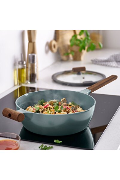 IKEA KLIPPFISK Sauté pan with lid, non-stick coating, grey-turquoise, 28 cm