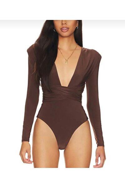 Nsb Tasarım Дамски кафяв боди с дълбоко V-образно деколте