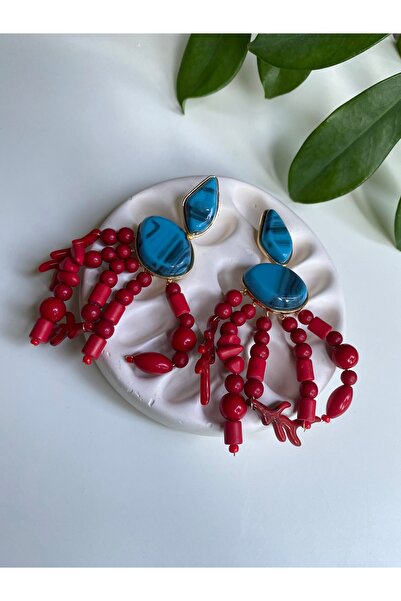 BusradanDesign Özel Seri Kırmızı Sallantılı ve Mavi Geometrik Taş Detay Küpe