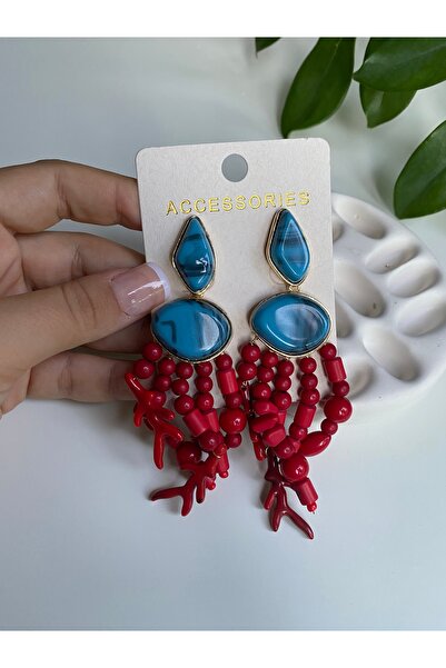 BusradanDesign Özel Seri Kırmızı Sallantılı ve Mavi Geometrik Taş Detay Küpe