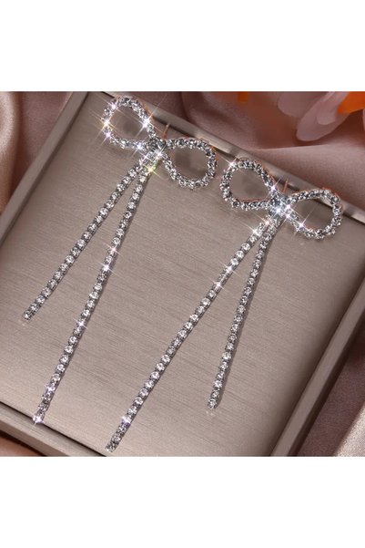 HERA SHOPS Silver Color Zircon Stone Bow Model Women's Trend Earrings Evening Dress Earrings Daily Casual Jewelry