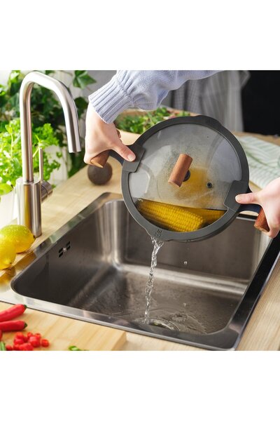 IKEA KLIPPFISK Pot with lid, non-stick coating glass/wood black-blue, 5 l