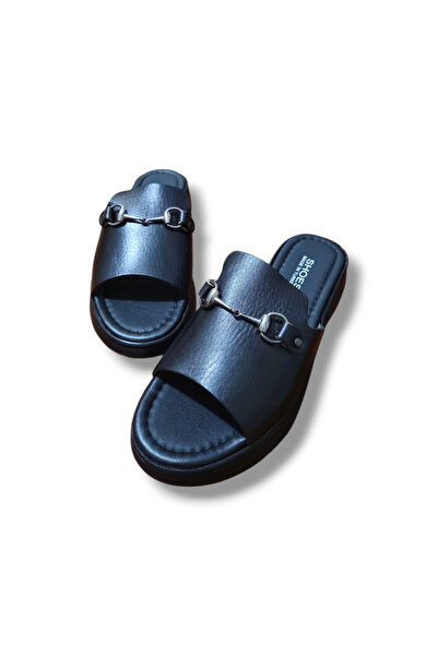 BARONES SHOES Genuine Leather Metal Buckle High Sole Slippers