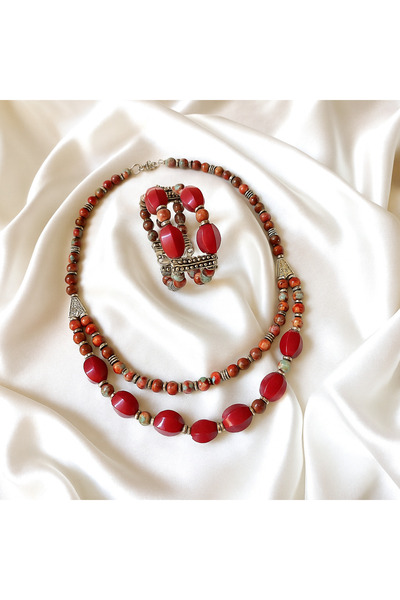 Asteria Elite Emperor Jasper Burgundy Howlite Necklace Bracelet Set for Stress Relief and Balance