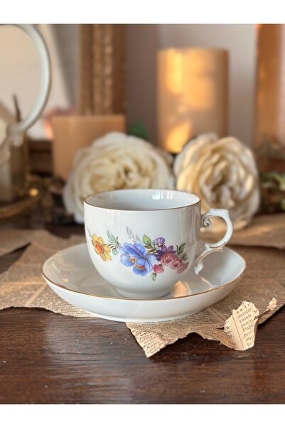 FÜRSTENBERG Antika Damgalı Renkli çiçekli altın yaldızlı Porselen Çay / Duble...