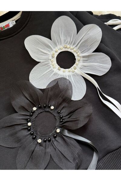 KOKOŞ BEBEK Girl's Black Tracksuit Set with Flower Detail – 100% Cotton Without 3-Thread Shardon (Ages 3-10)