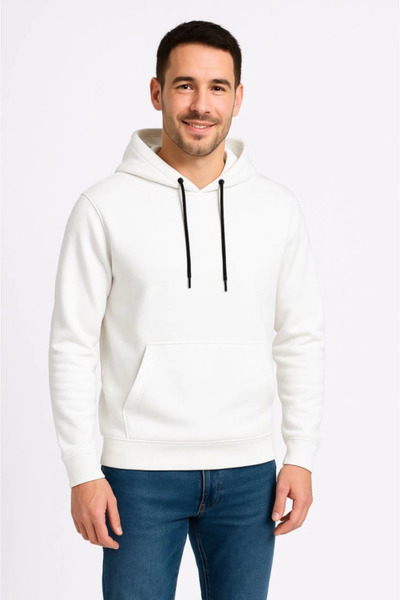 buğrahayalin Men's Three Thread Hooded Kangaroo Pocket Sweatshirt Hoodie - White