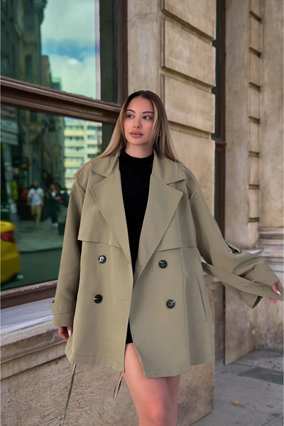 Modark Women's Khaki Short Windbreaker Belted Trench Coat