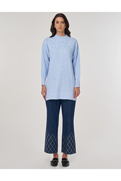 Kayra Çiçek Aplikeli Triko Tunik Açık Mavi