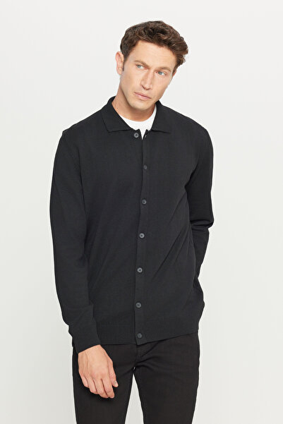 AC&Co / Altınyıldız Classics Men's Black Cotton Standard Fit Regular Cut Shirt Collar Knitwear Cardigan Sweater