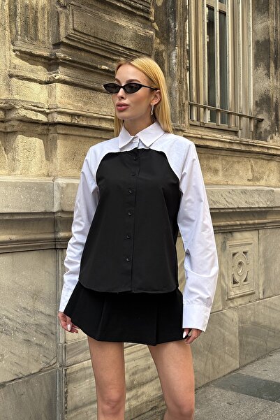 VAGGON Women's Black Color Block Long Sleeve Oversize Shirt Vs00933