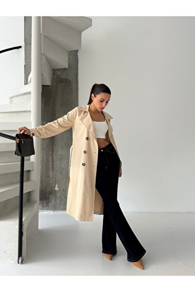 ABOUT US Relaxed Fit Long Seasonal Trench Coat with Binding Detail # 5853