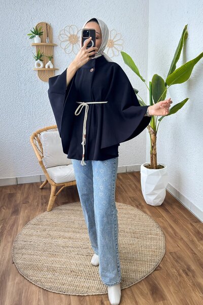 Caddebostan Moda Örgü Kuşaklı Kaşe Kumaş Kadın Kışlık Trend Premium Luxury Şık Düğmeli Panço