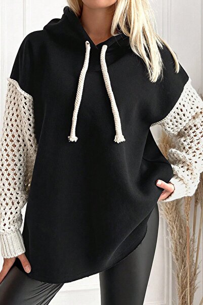 VAGGON Women's Black Hooded Mesh Knit Sleeve Lace-Up 3 Thread Sweatshirt Vs00943