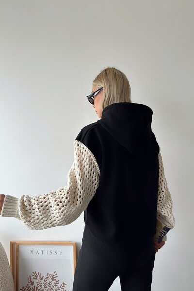 VAGGON Kadın Siyah Kapüşonlu File Örgü Kol Bağcıklı Crop Sweatshirt Vs00939