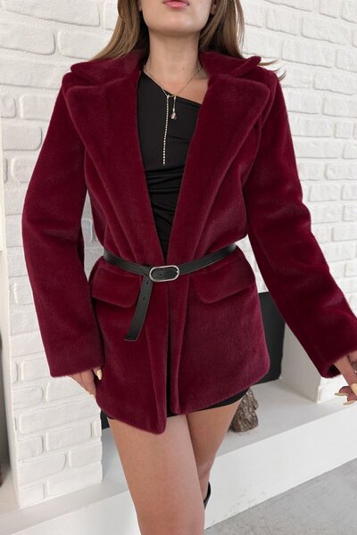 VAGGON Γυναικείο μπουφάν με μαλακή υφή με γούνινο εμφάνιση με ζώνη με αγκράφα Vs00885