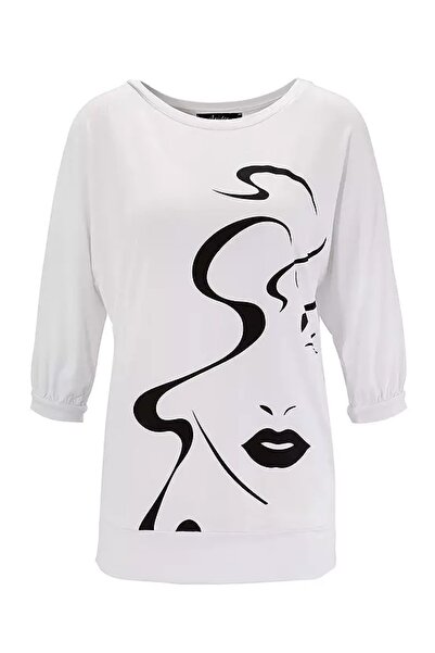 Şans Women's Plus Size White, Face Printed Bat Sleeve Viscose Blouse 65N39121