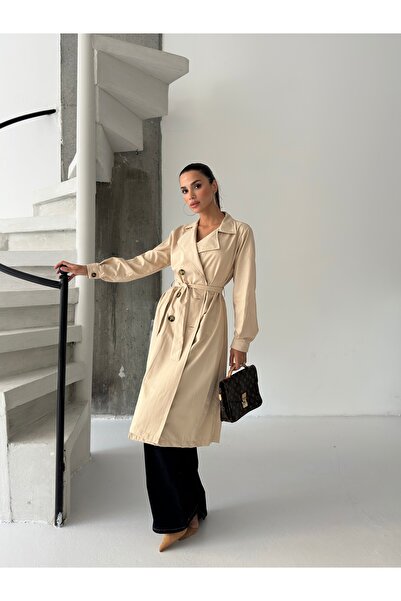 ABOUT US Relaxed Fit Long Seasonal Trench Coat with Binding Detail # 5853
