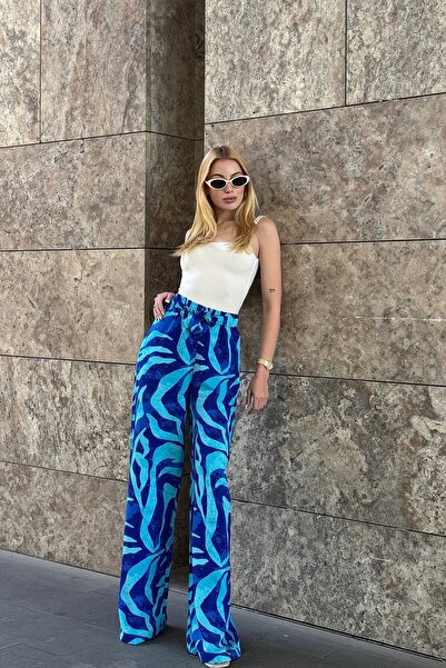 VAGGON Women's Blue Patterned Elastic Waist Lace-Up Palazzo Wide Leg Trousers Vs00922