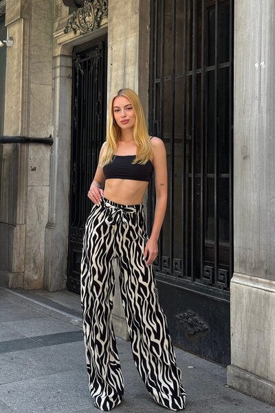 VAGGON Women's Black Patterned Elastic Waist Lace-Up Palazzo Wide Leg Trousers Vs00922