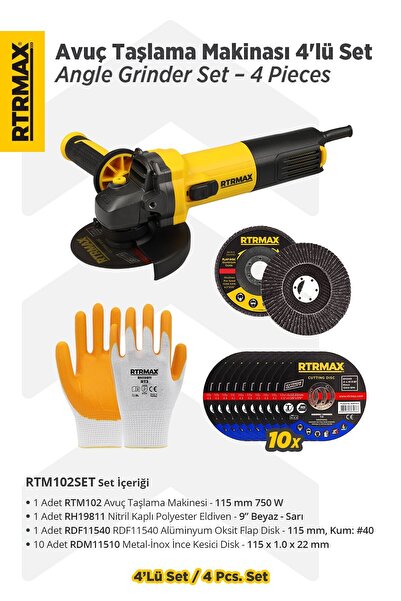 Rtrmax RTM102SET Avuç Taşlama Makinası 4'lü Set - Eldiven-Kesici Disk-Flap Disk