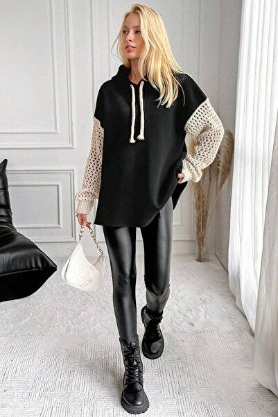 VAGGON Women's Black Hooded Mesh Knit Sleeve Lace-Up 3 Thread Sweatshirt Vs00943