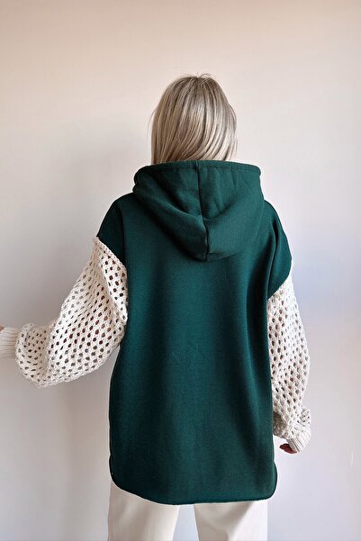 VAGGON Women's Green Hooded Mesh Knit Sleeve Lace-Up 3 Thread Sweatshirt Vs00943