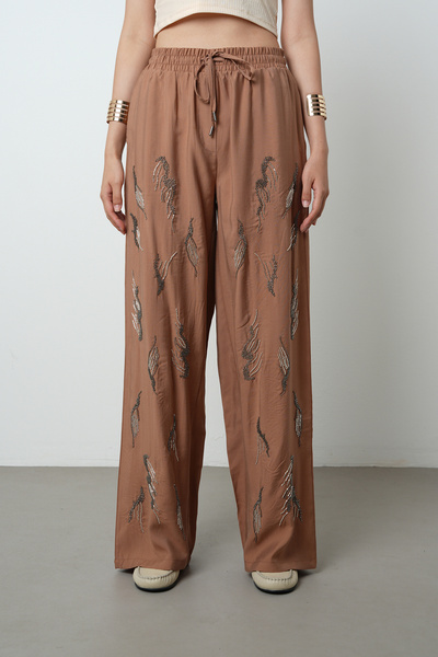 Orfeo Negro Women's Stone Embroidered Solid Color Elastic Waist Wide Leg Trousers