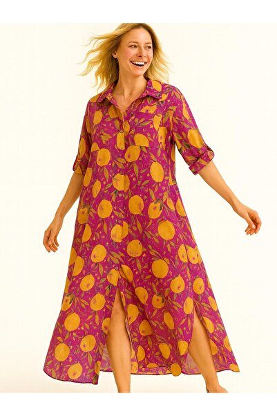 Butik İtalyan Pamuk Limon Desen Elbise - FUŞYA