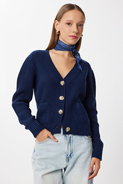 Lovelyİstanbul Stylish Buttoned Pocket Knitwear Cardigan Lnx0004 Navy Blue