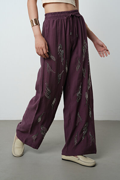 Orfeo Negro Kadın Önü Taş İşlemeli Düz Renk Beli Lastikli Bol Paça Pantolon