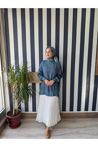 Nuss 3009 Kendinden Desenli İpek Cupra Tunik Mavi