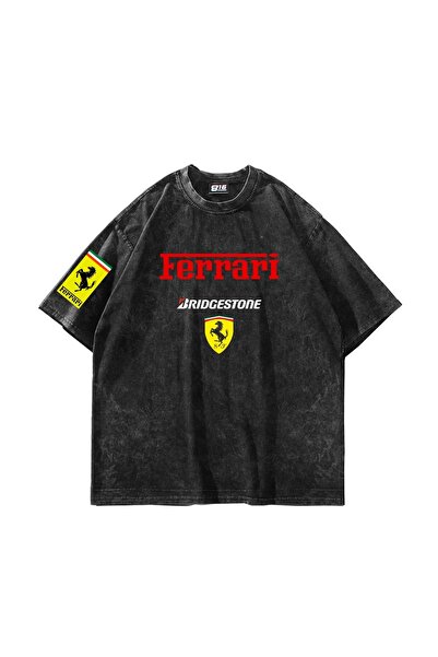 Bak Moda Racing F. Печатана прекалено голяма унисекс черна тениска, която може да се пере