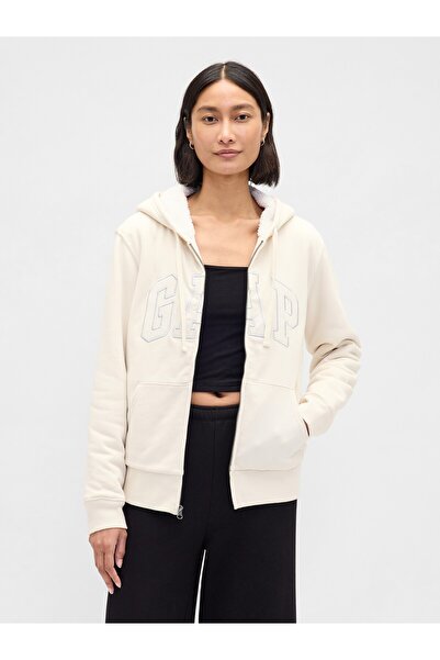 GAP Kadın Krem Relaxed Logo Sherpa-Astarlı Fermuarlı Sweatshirt