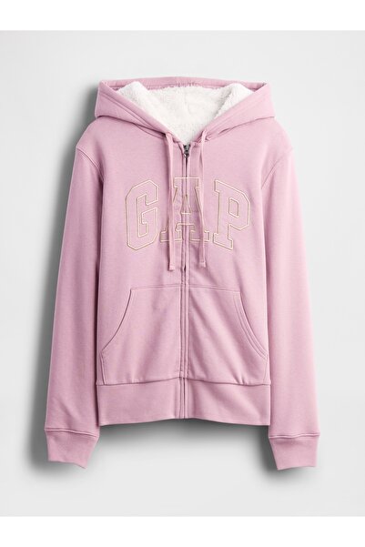 GAP Kadın Açık Pembe Relaxed Logo Sherpa-Astarlı Fermuarlı Sweatshirt