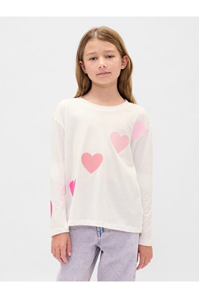 GAP Kız Çocuk Kırık Beyaz Relaxed Grafik T-Shirt