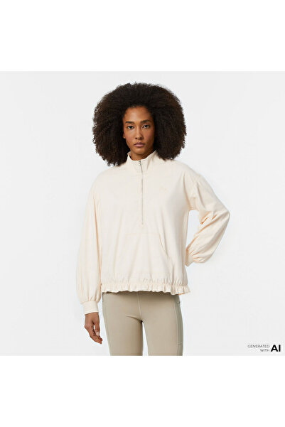Lacoste Kadın Oversize Fit Yarım Fermuarlı Krem Sweatshirt