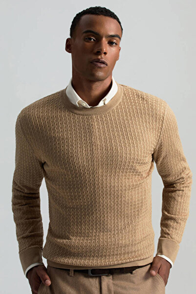 Hemington Merino Yün İpek Karışım Örgü Desen Bisiklet Yaka Camel Triko