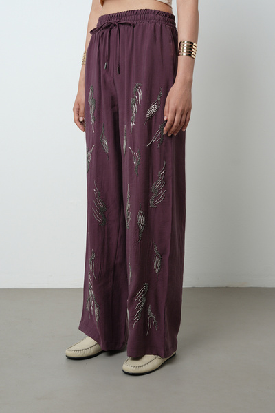 Orfeo Negro Women's Stone Embroidered Solid Color Elastic Waist Wide Leg Trousers