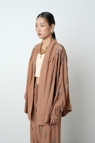 Orfeo Negro Women's Oversized Kimono with Stone Embroidery on the Back and Sleeves