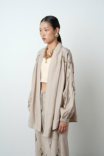 Orfeo Negro Women's Oversized Kimono with Stone Embroidery on the Back and Sleeves