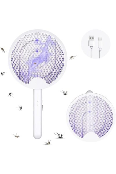 Biki مضرب الذباب الكهربائي، مصباح قاتل البعوض 180 درجة 2 في 1 مع شبكة أمان ثلاثية الطبقات، قابل لإعادة الشحن عبر USB
