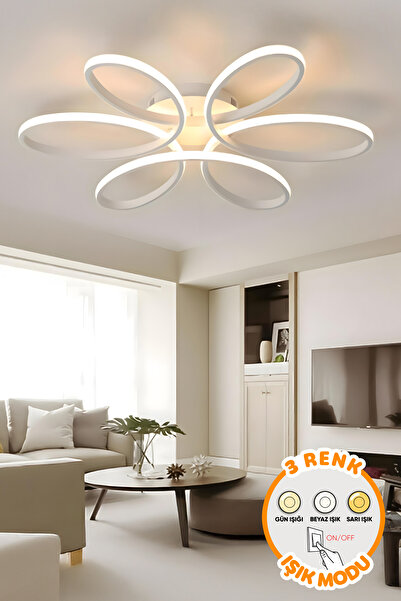 Dekorluna Elvis Modern Beyaz Plafonyer Tavana Sıfır 3 Renk Işık Salon Mutfak Yatak Odası Led Avize