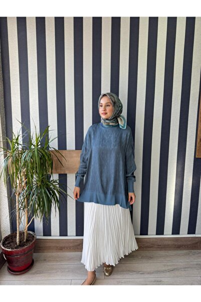 Nuss 3009 Kendinden Desenli İpek Cupra Tunik Mavi