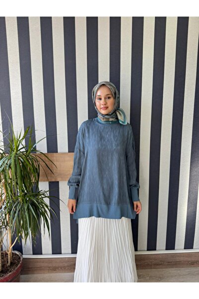 Nuss 3009 Kendinden Desenli İpek Cupra Tunik Mavi