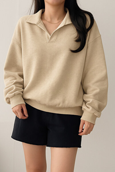 Deocept Unisex V-Yaka Polo Yakalı Basic Oversize Swetshirt