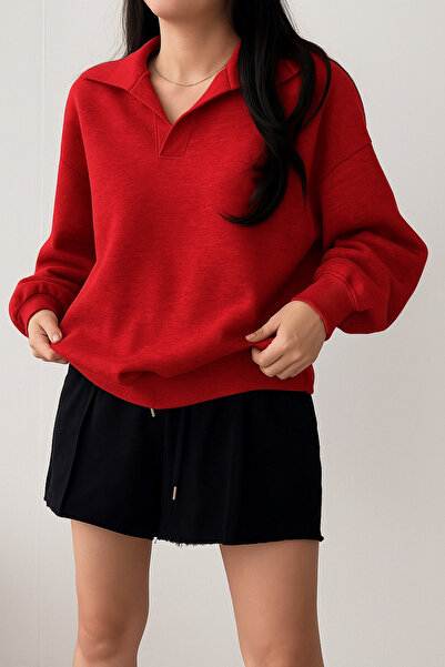 Deocept Unisex V-Yaka Polo Yakalı Basic Oversize Swetshirt