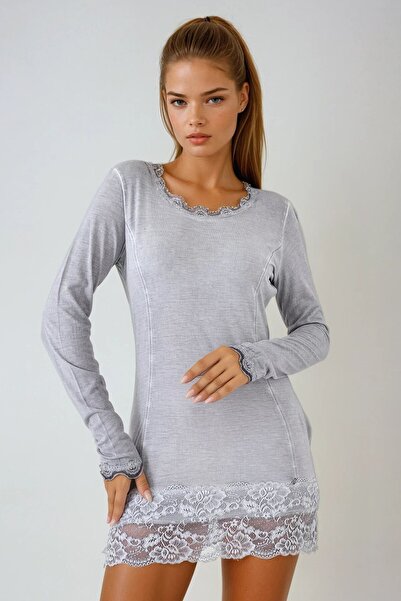 VAGGON Women's Gray U Neck Lace Detailed Long Sleeve Mini Dress Vs00937